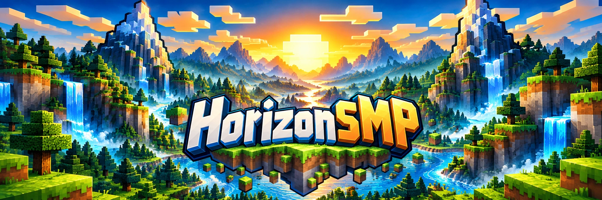 Das HorizonSMP-Panorama mit Bergen, Wasserfällen und dem Serverlogo